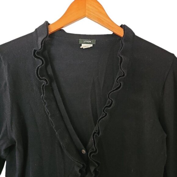 J. Crew Black Cardigan 100% Merino Wool‎ L Large Ruffle Lightweight Soft - Picture 4 of 11